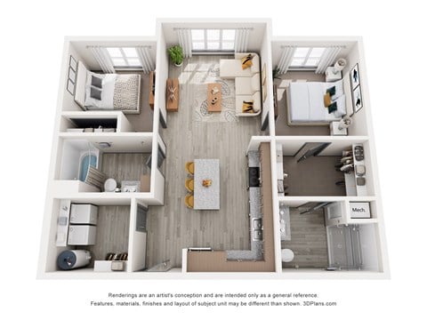 Floor plan for 2 beds, 2 baths, 1013 sqft